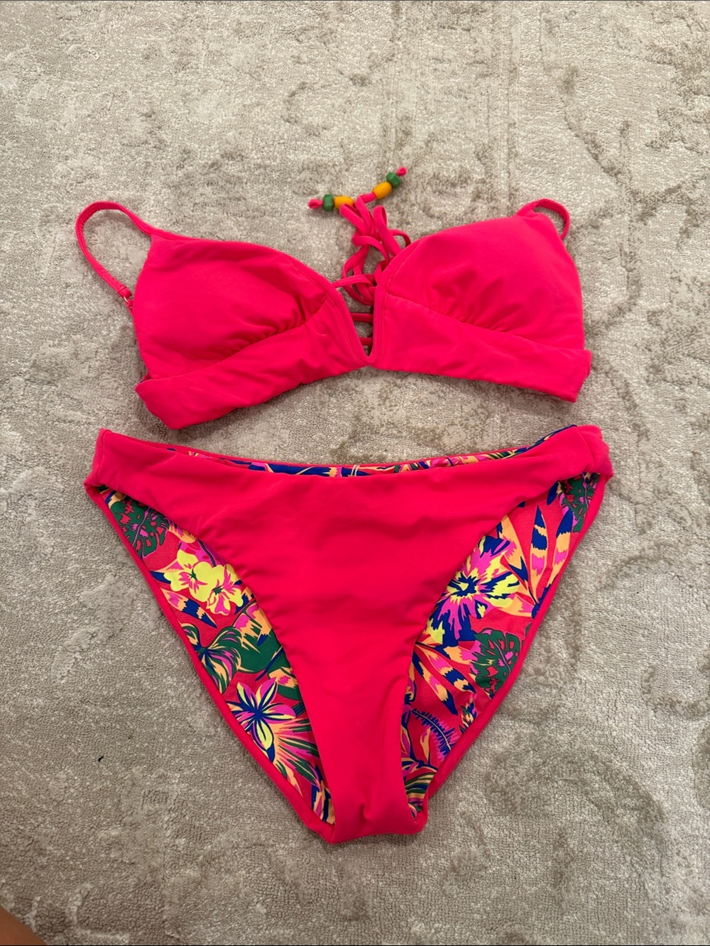 Maaji Neon Pink Two-Piece Reversible Bikini with Tropical Print Panels